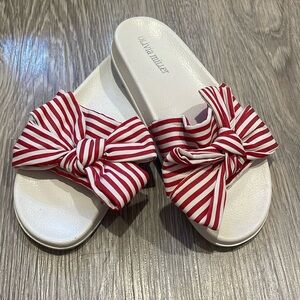 New Unused Olivia Miller Red and White Stripe Bow Slides (Size 8)